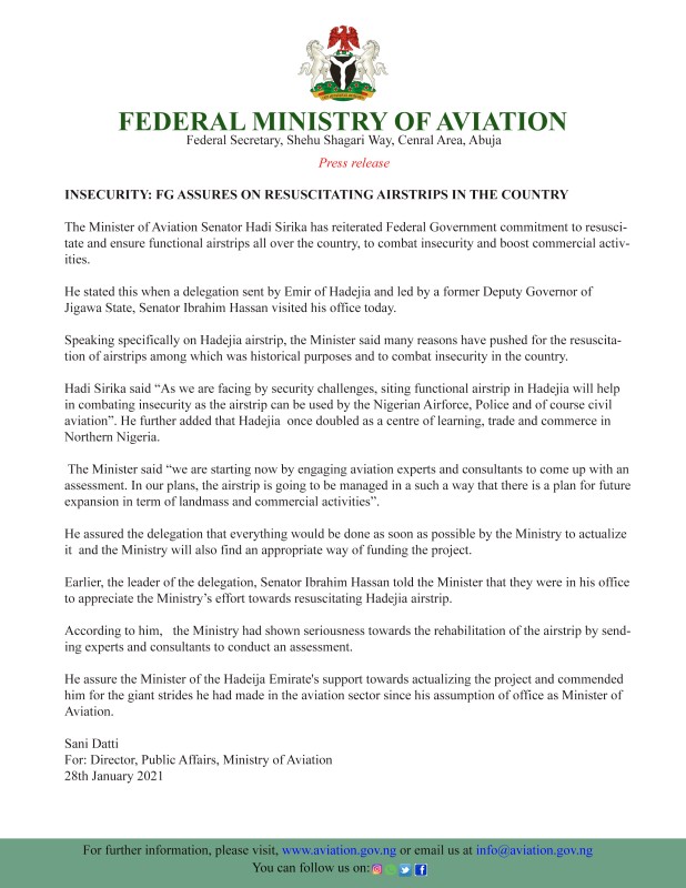 INSECURITY: FG ASSURES ON RESUSCITATING AIRSTRIPS IN THE COUNTRY