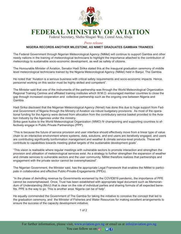 NIGERIA RECORDS ANOTHER MILESTONE, AS NIMET GRADUATES GAMBIAN TRAINEES